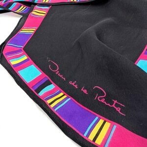 Oscar de la Renta Silk Scarf Black Geometric Pink Purple Border Skinny Oblong